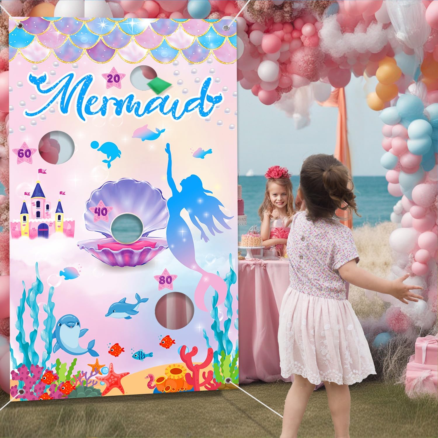 iPartycool Mermaid Toss Game, Mermaid Birthday Party Games, Mermaid Bean Bag Toss Games, Mermaid Party Supplies, Mermaid Backdrop Mermaid Party Games for Kids Adults Outside Activities Outdoor Games