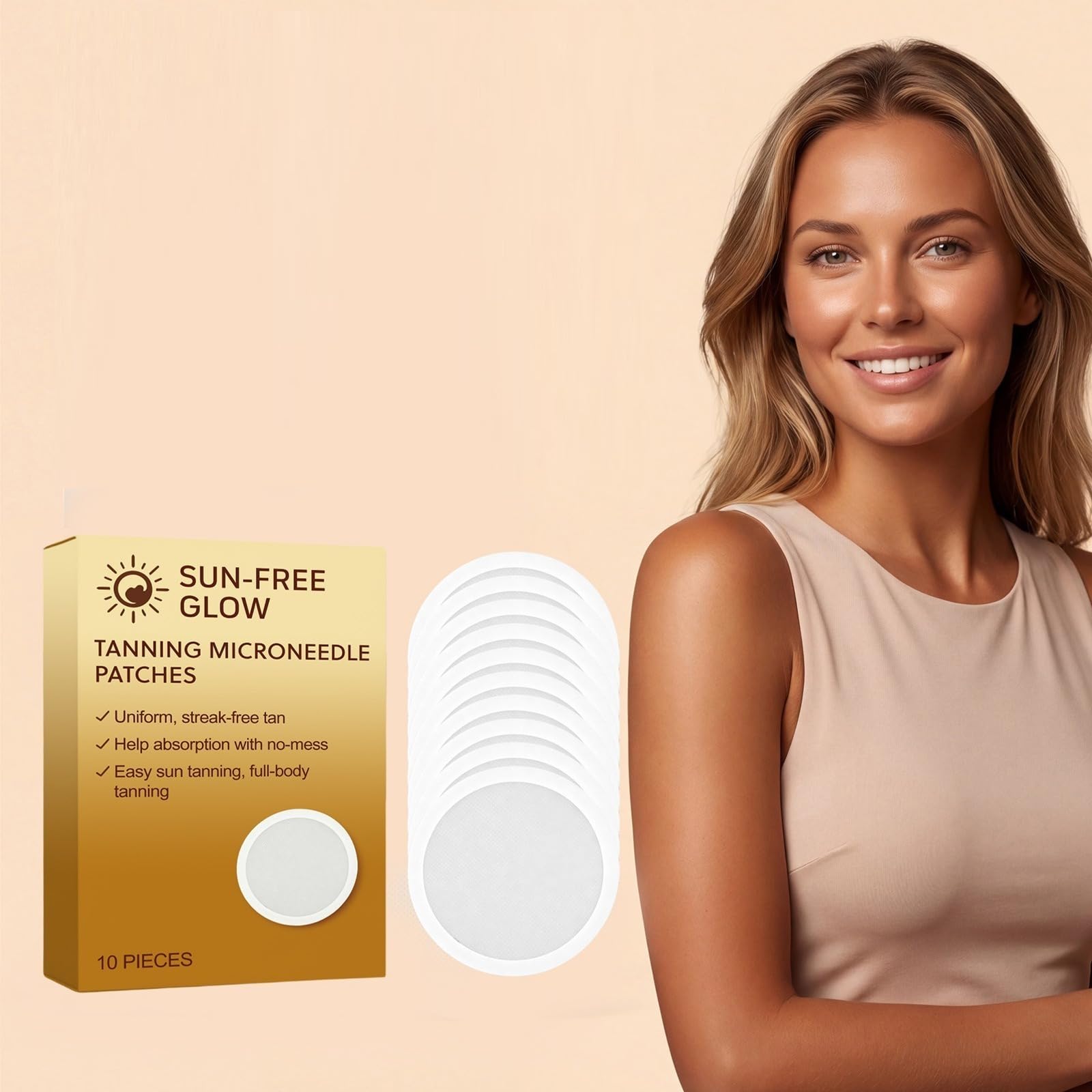 Sun Free Glow Tanning Patch, Micro-needle Autoabbronzante Patch per Unisex, Natural Bronze Finish, Even Skin Tone, Anti-Orange Hue, Hydrating Formula Fits All Skin Types