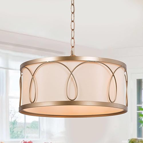 Lámpara de araña dorada de tambor, lámpara colgante moderna de 3 luces con pantalla de tela blanca para comedor, cocina, dormitorio, sala de estar y