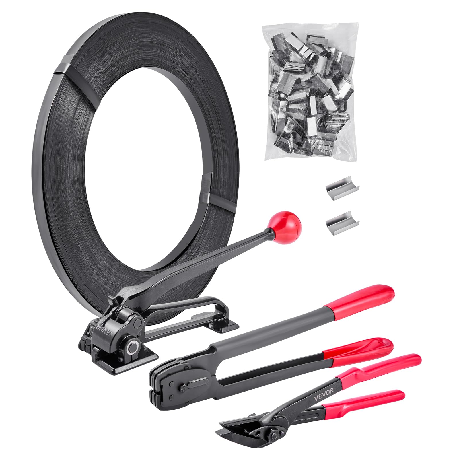 VEVOR Kit Cerclage Feuillard Acier 183 m Kit Cerclage Palette avec Outil et Tendeur pour Emballage en Entrepôts, Déménagement, Stockage de Garage, Transport de Marchandises, 300 Scellés Métalliques