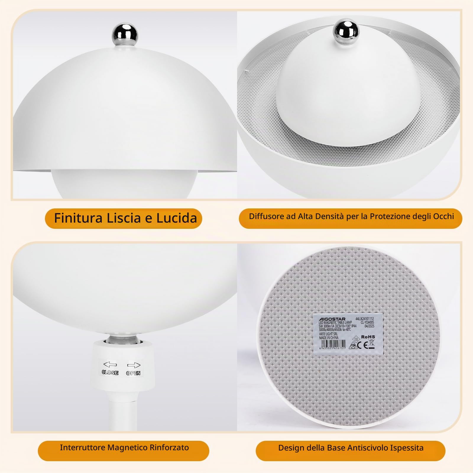Aigostar 2 Pezzi Lampada da Tavolo Magnetica Touch, Lampada da Comodino senza Fili con 3 Temperature di Colore e Dimmerabile, Ricaricabile USB per Camera da Letto, Ristorante (Bianco)