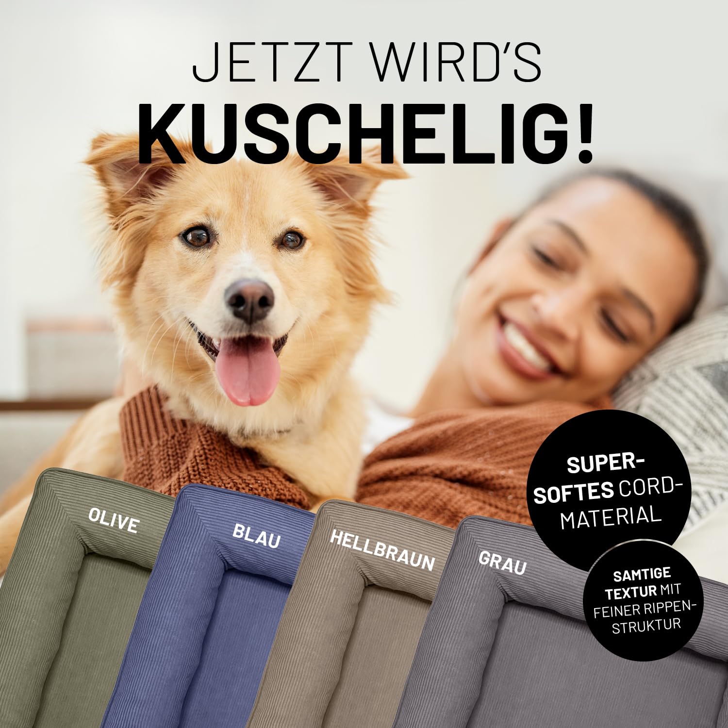 Lumaland orthopädisches Hundebett aus Cord | ergonomisches Hundesofa 90x65 cm - für mittelgroße Hunde | Boden rutschfest | Füllung und Bezug waschbar | Hundekörbchen mit Memory Schaumstoff