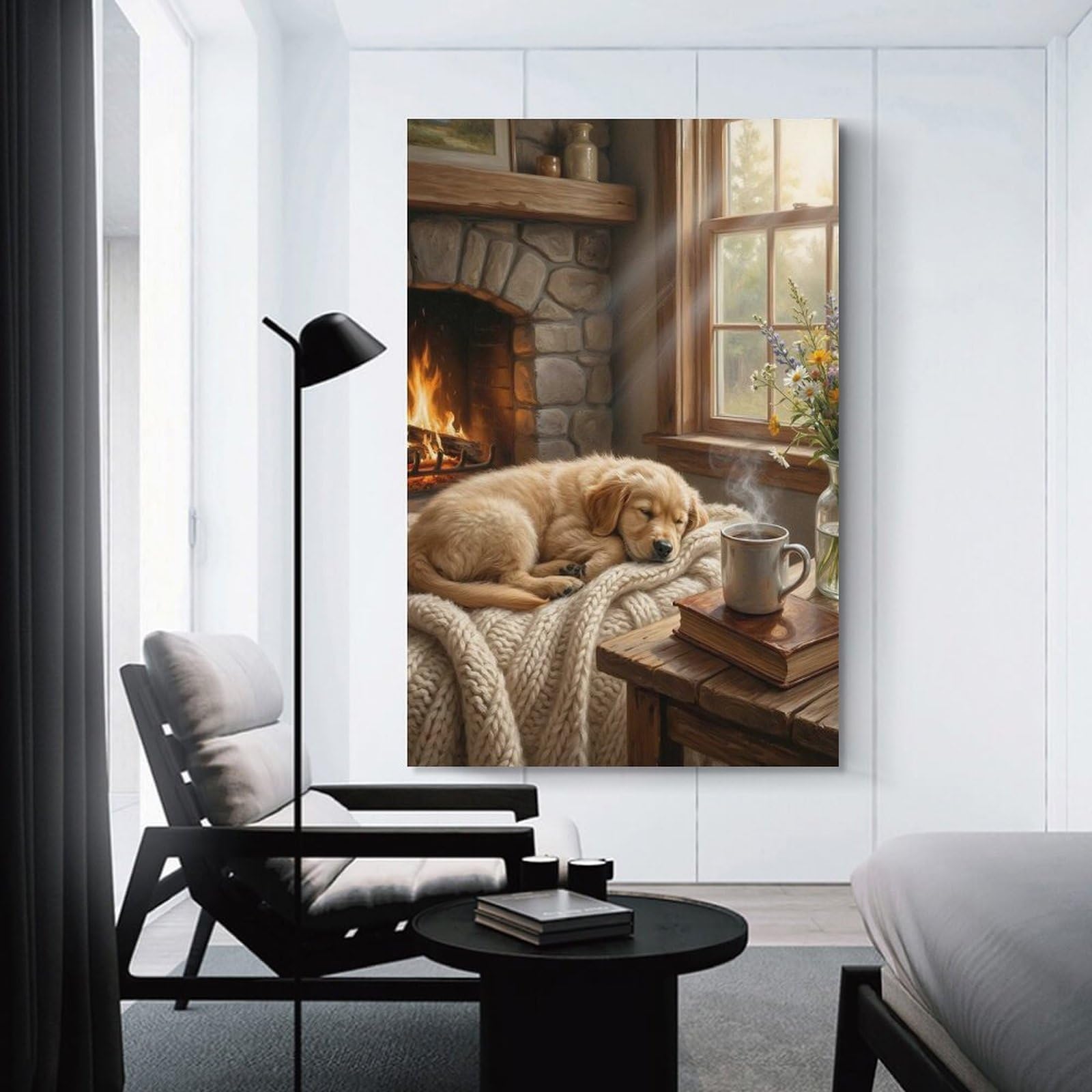 Junmoney Cozy Fireplace Scene with Sleeping Dog Wall Art Print 12x18inch(30x45cm), for Living Room, Bedroom Or Home Office, Thoughtful Wall Decor for Art Lovers