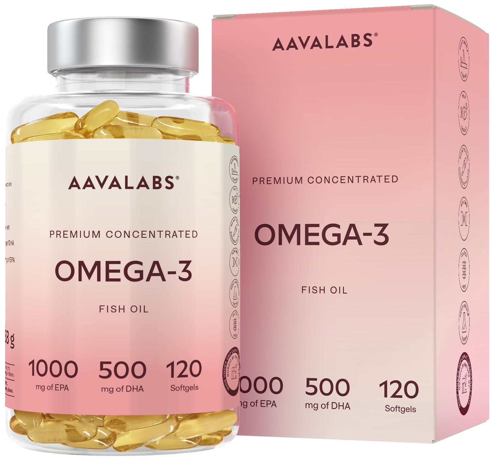AAVALABS Omega 3 Fish Oil 2000mg per Daily dose (2 softgels) - 1000mg EPA + 500 mg DHA per dose - High Strength Omega 3 Fatty Acids Supplements - Molecularly Distilled - 120 Capsules - 60 Days Supply