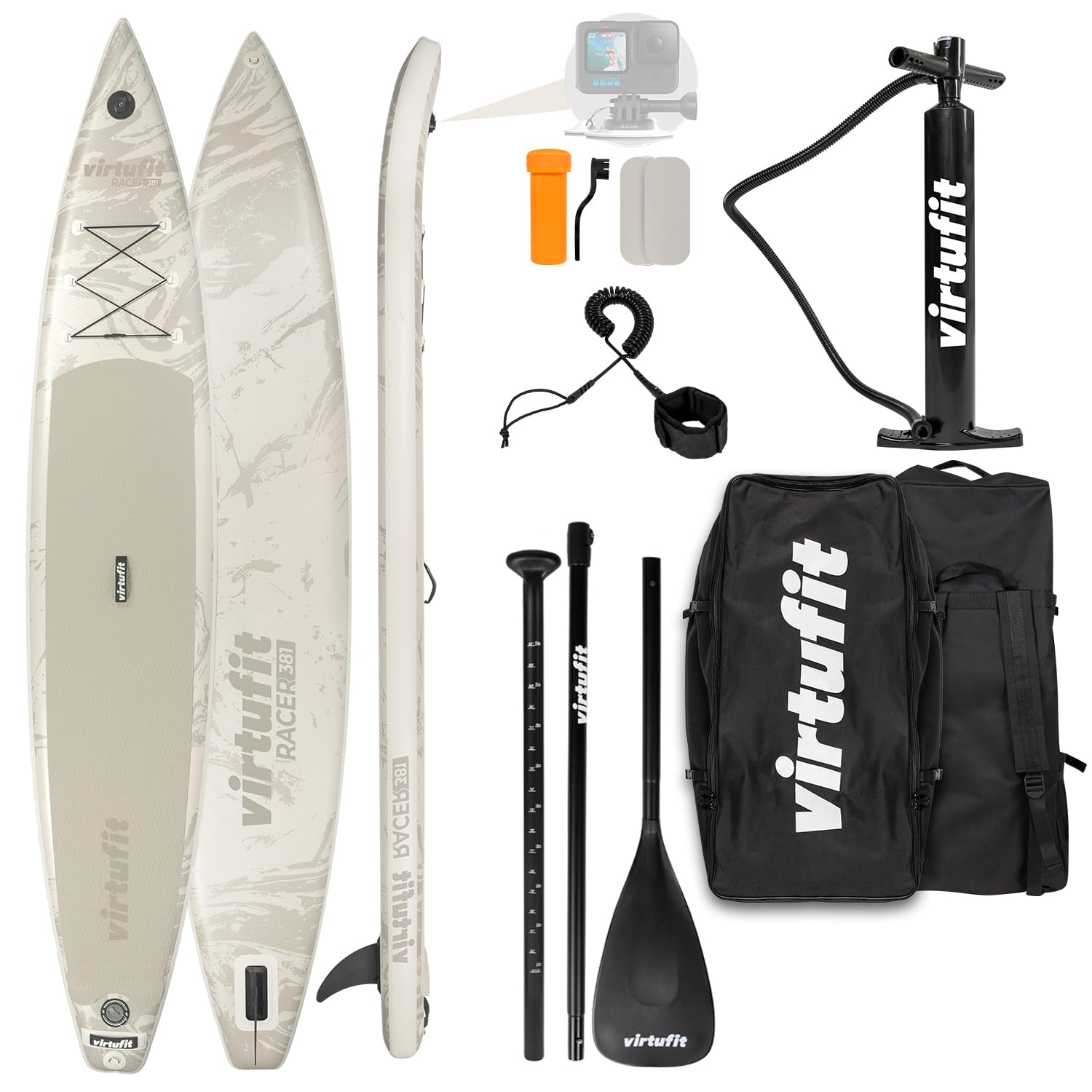 VirtuFit SUP Board Racer 381 - Tabla de surf hinchable (180 kg, 381 x 71 x 15 cm), color beige