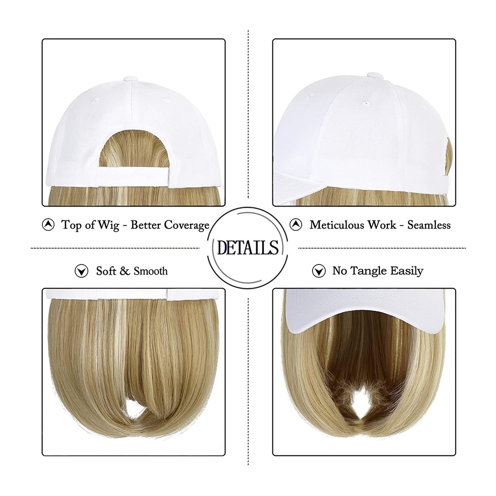 Wig Cap Peluca de béisbol ondulada corta Bob sintético Sombrero blanco/negro Pelucas Gorra con cabello Conexión natural ajustable(1)