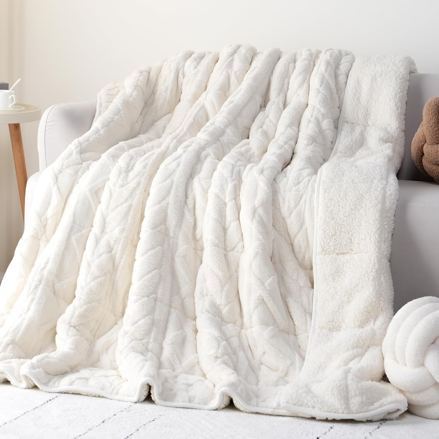 Cottonblue Jacquard Weighted Blanket 10lbs for Adults Twin Size Bed 48x72in | Soft Cozy Sherpa Fleece Weighted Blankets for Sleep Calm Relax, Warm Fuzzy Bed Sofa Couch Heavy Blankets Throw, Cream White