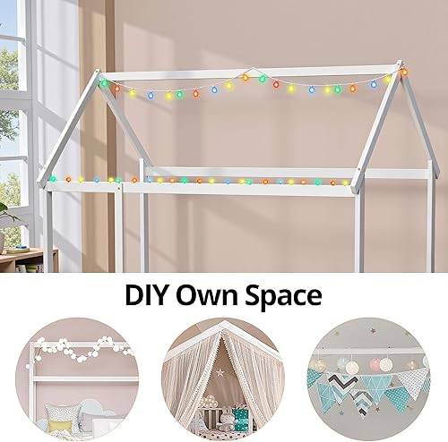 Miniatura 7 de LLS Twin Floor Bed Frame with Fence, Wooden Montessori Bed, House Bed for Boys Girls Bedroom, White Blanco,Azul