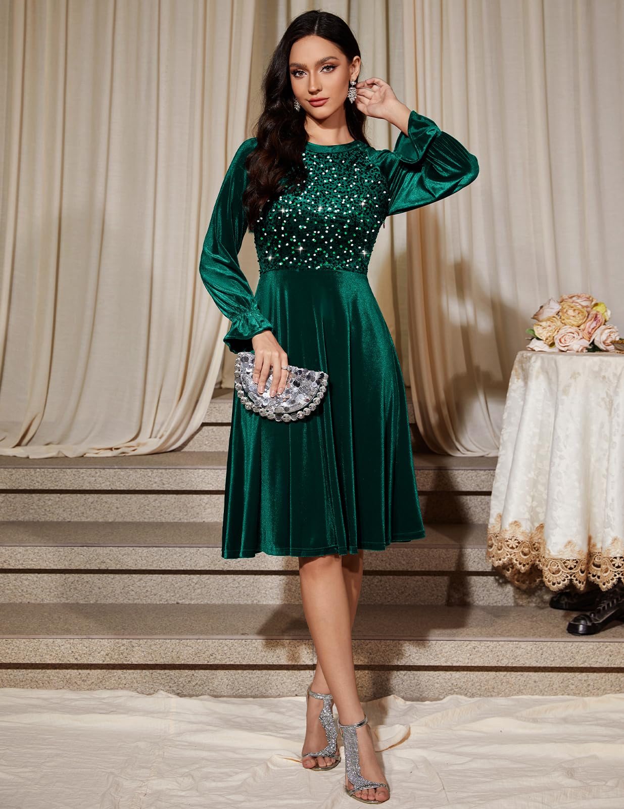 Bbonlinedress Robe de Soirée Cocktail à Manches Longues en Velours à Paillettes pour Femme Robe Midi Vintage pour Mariage invitée
