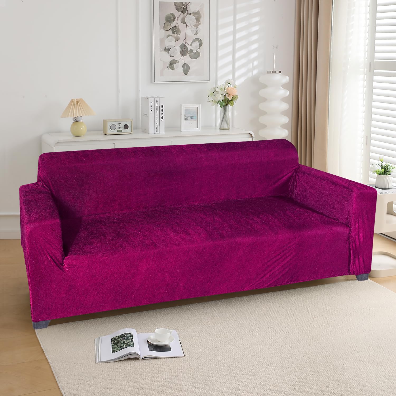 Sofa Cover 3 Seater Fully Covered Non-Slip Elastic Stretchable Sofa Set Slipcover Protector Triple Seater Sofa Cover (Wine)-image-3