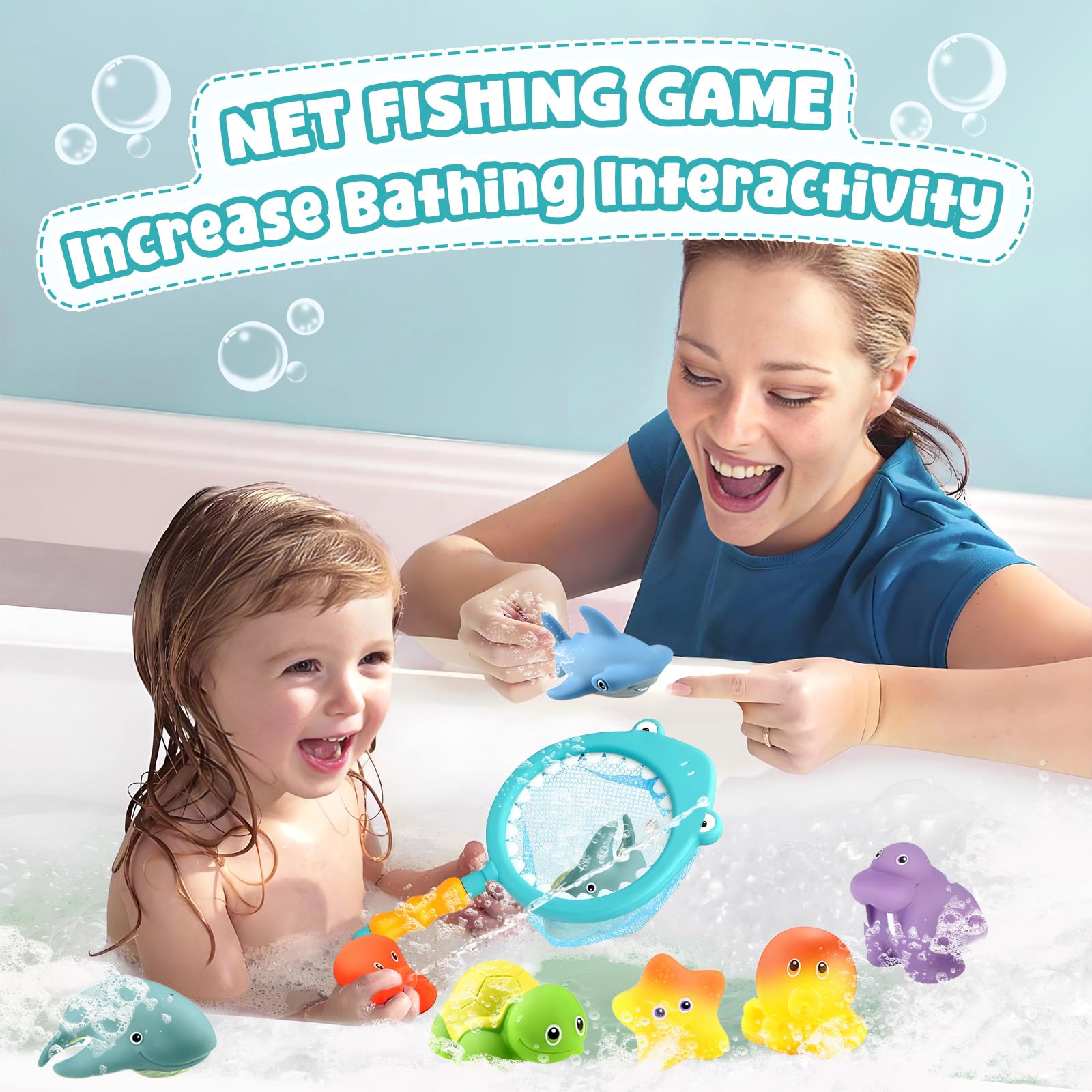 Giochi Bagnetto 8 Pezzi Giocattoli da Bagno per Bambini, Giochi Bagnetto Neonato, Giochi Vasca da Bagno Bambini Giochi Acqua Bagnetto Animali Giocattolo con Rete da Pesca e Borsa Portaoggetti