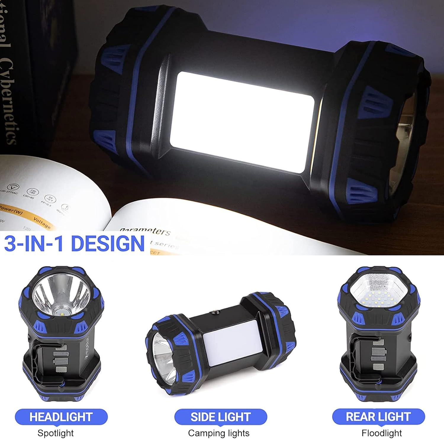 Led Camping Lantern Rechargeable, Camping Flashlight 1500LM, 8 Light Modes, Camping Lights 4800 Capacity, Portable Bright Flash Light for Emergencies, Power Outages, Hurricane, Hiking (Blue 1PACK). - Image 3