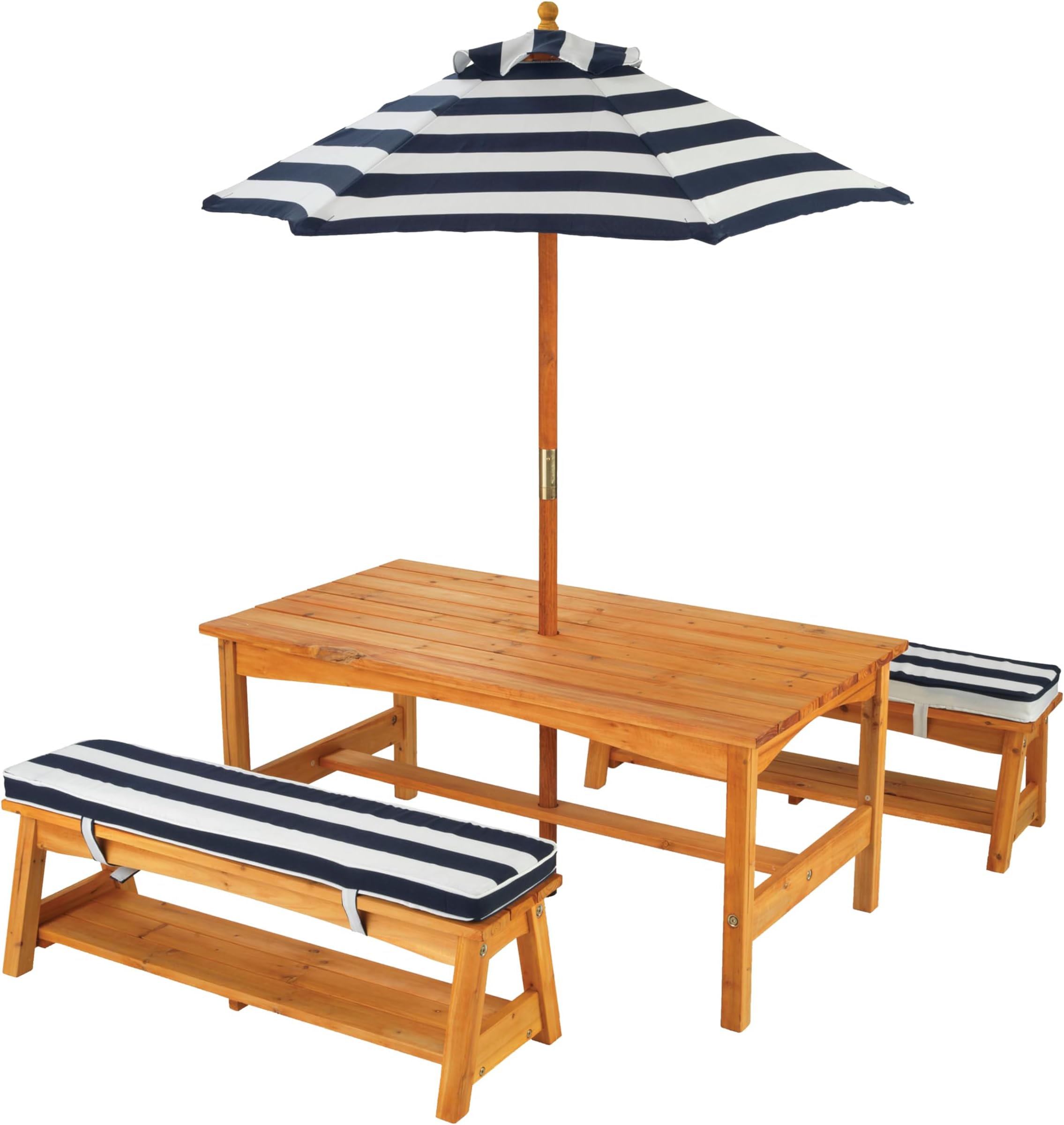 KidKraft Outdoor Wooden Table & Bench Set with Cushions and Umbrella, Kids Backyard Furniture, Navy and White Stripe Fabric