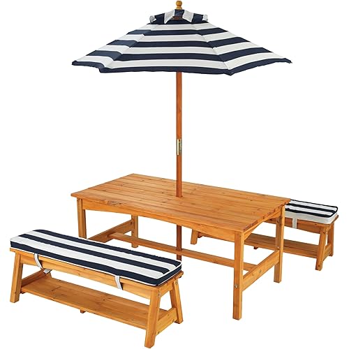 KidKraft Outdoor Wooden Table & Bench Set with Cushions and Umbrella, Kids Backyard Furniture, Navy and White Stripe Fabric