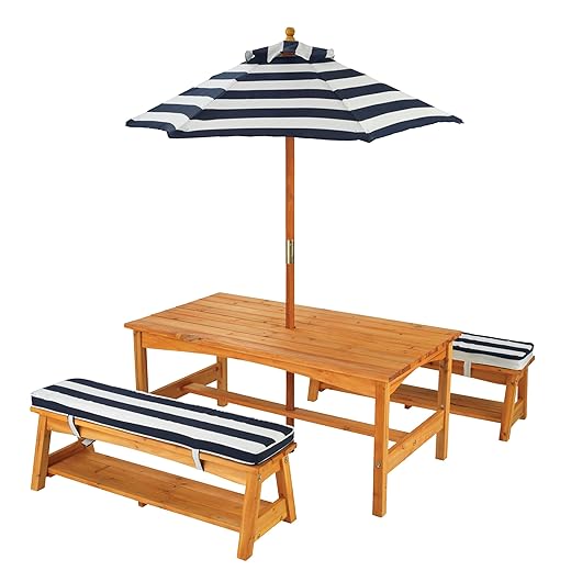 KidKraft Outdoor Wooden Table & Bench Set with Cushions and Umbrella, Kids Backyard Furniture, Navy and White Stripe Fabric, Gift for Ages 3-8