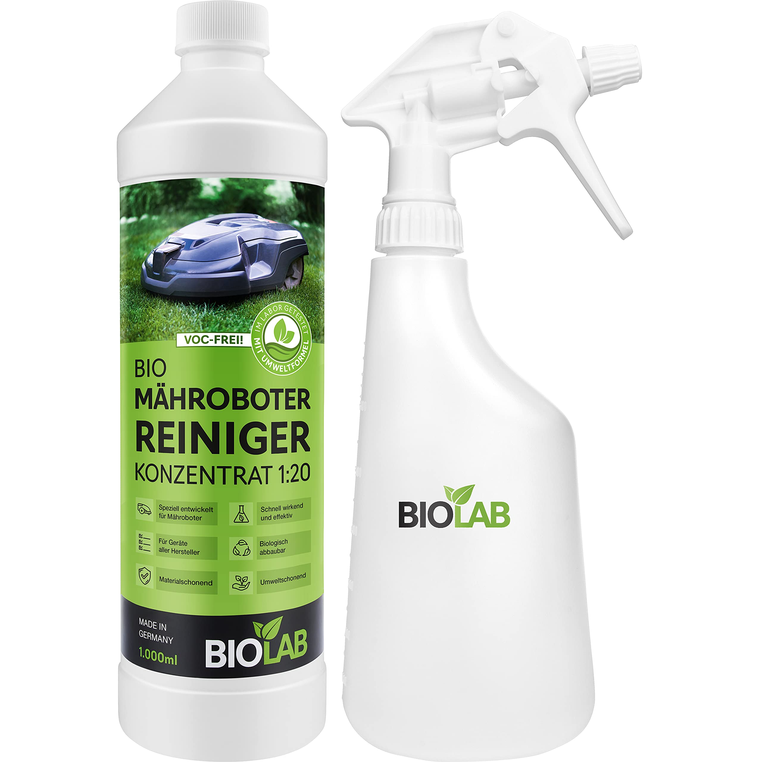 Biolab Bio Mähroboter Reinigungsset, zur Reinigung von Rasenmäher Roboter, 1000 ml Reiniger Konzentrat plus Sprayflasche zum Mischen