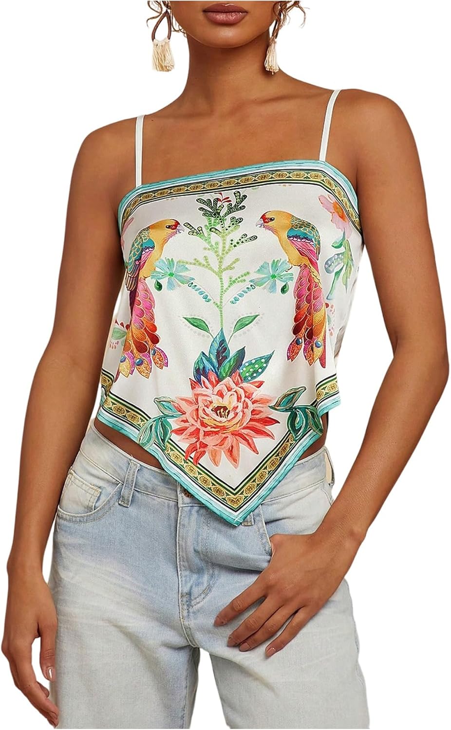 Floerns Women's Boho Floral Camisole Hanky Hem Sleeveless Spaghetti Strap Cami Tops