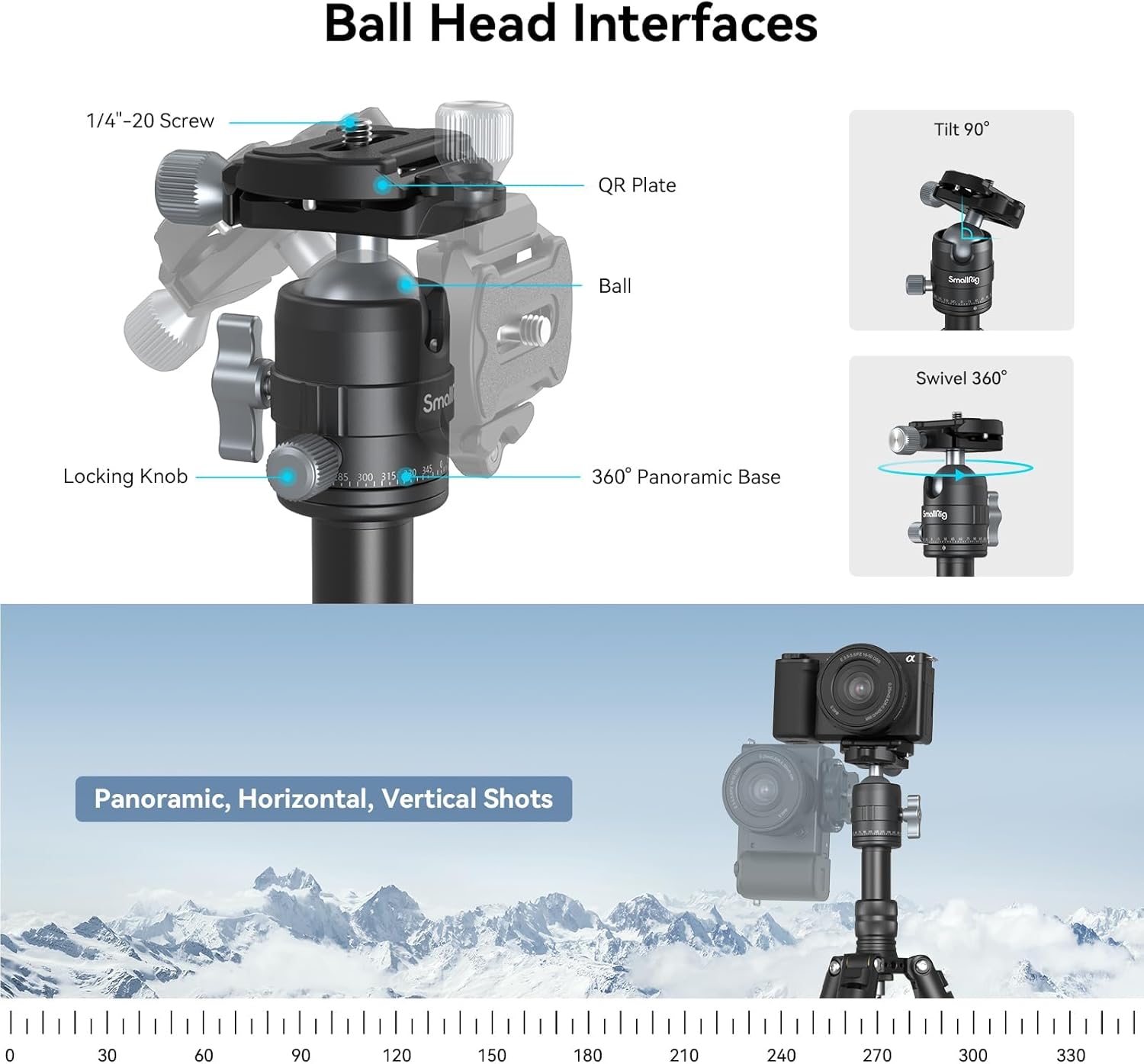 വിശദമായി view of the SmallRig VT-20 ball head interfaces, showing the 1/4\