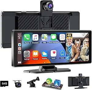 10.26'' Wireless CarPlay Screen for car with Rotatable 4K Dash Cam & HD Backup Camera – for Apple CarPlay & Android Auto, Touchscreen Radio, Dual Front/Inside Recording, GPS Navigator for Cars,Trucks