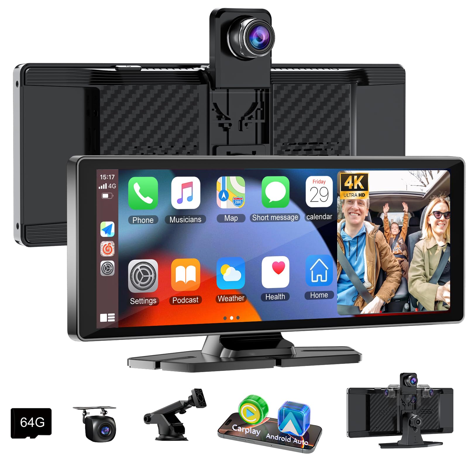 10.26" HD Carplay Screen with Rotatable 4K Dash Cam & Backup Camera (Dual Recording)