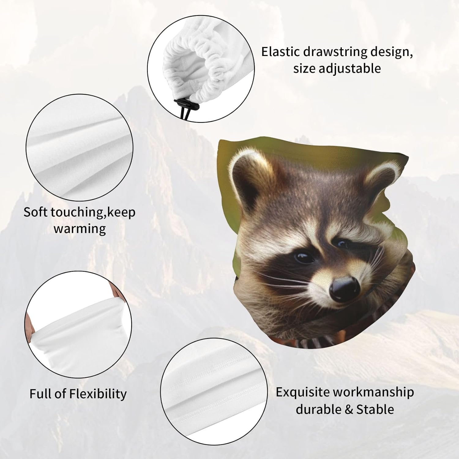 Neck Warmer Winter, Raccoon Print For Cold Weather Winter Face Mask,Thick Warm Neck Gaiter Face Scarf,For Men Women Skiing Cycling - With Rope