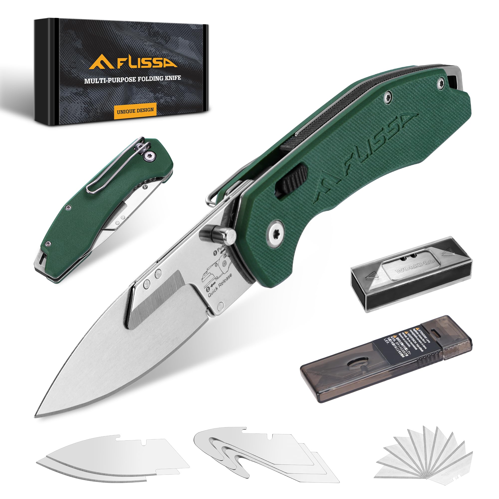 FLISSA Couteau de Poche 3 en 1 avec Manche G10, Clip Ceinture et Lames Interchangeables, Système de Verrouillage Sécurisé, Couteau Pliant Multifonction pour Usage Quotidien et Extérieur