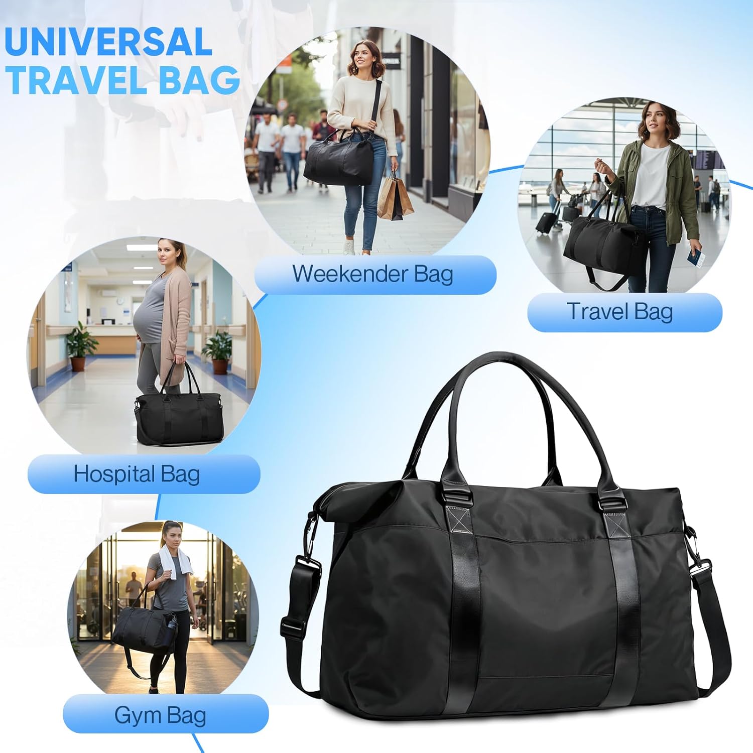 Travel Duffle Bag, Weekender Travel Bag Men Small Gym Bag for Women, Hospital Bag for Labor and Delivery, Overnight Bag Luggage Bag with Trolley Sleeve, Airplane Travel Essentials for Flying(Black) - Image 8