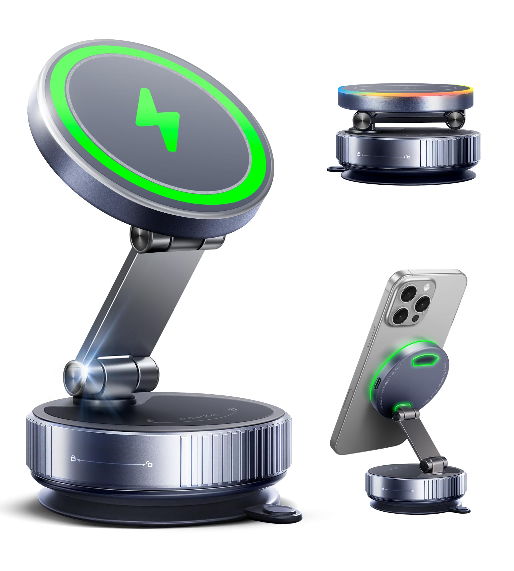 Magnetic Phone Charging Holder Mount for Car 360 Vacuum Magnetic Phone Holder Qi1 15W Fast Wireless Charger for