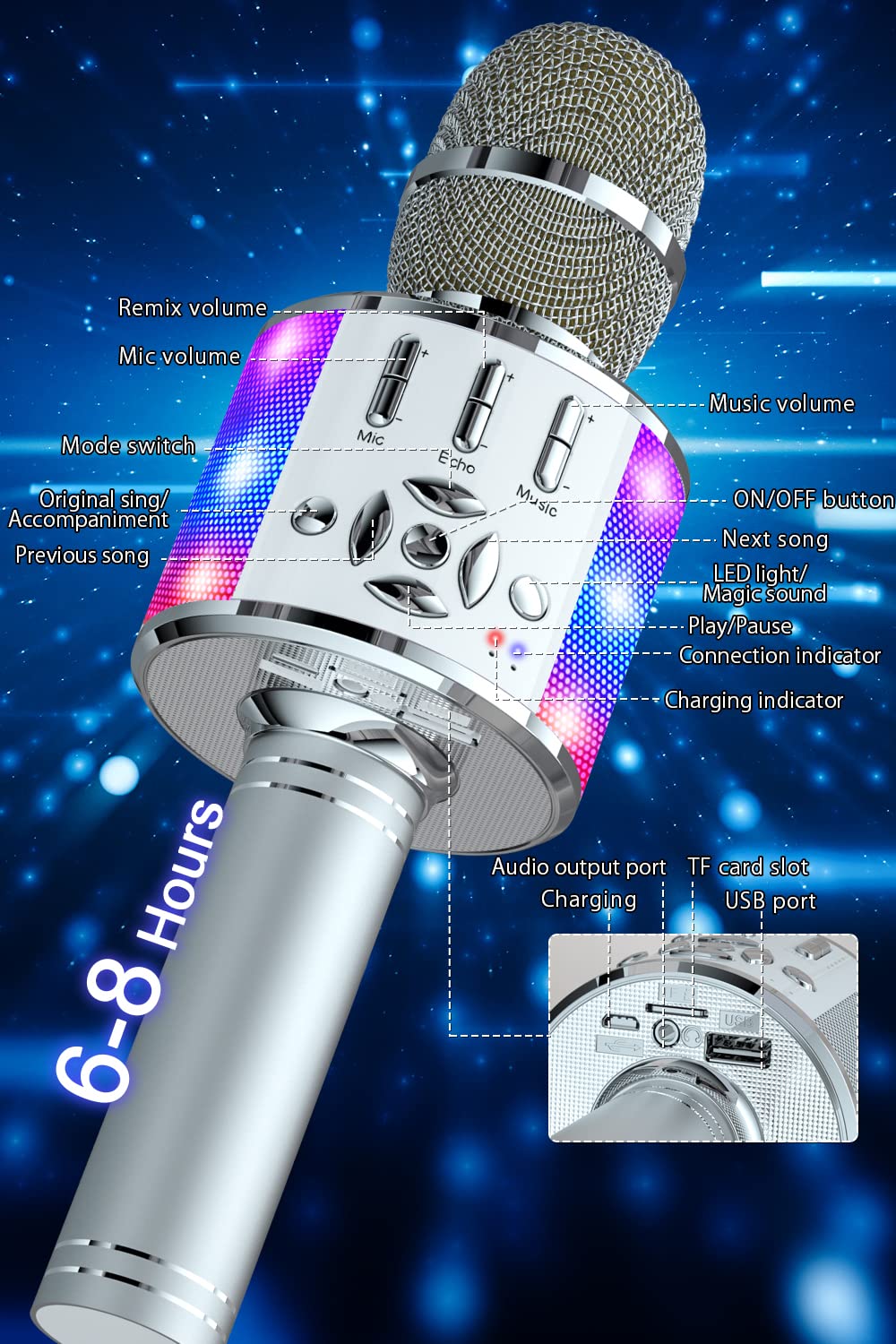 BONAOK Microfono Karaoke Cambia Voce, Microfoni Karaoke, Altoparlante Microfono Karaoke LED per Adulti, Dispositivo Karaoke KTV da Casa, Compatibile con Dispositivi Bluetooth iOS Android (Siber)