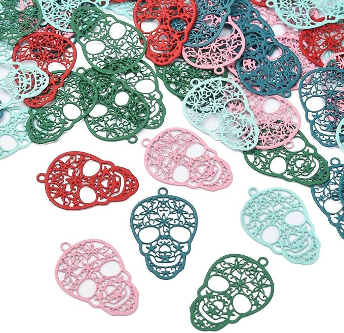 LiQunSweet 50Pcs 5 Colors Stainless Steel Filigree Skeleton Charms Mexican Sugar Skull Charm for Halloween Jewelry Making