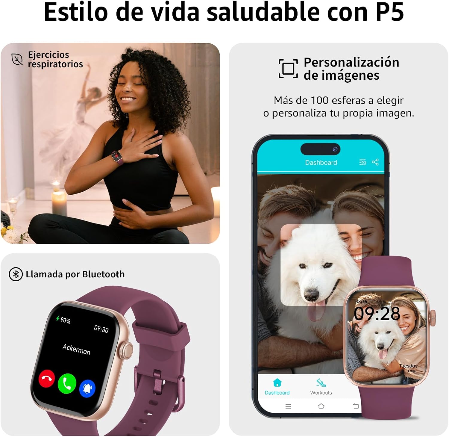 AcclaFit Reloj Inteligente Mujer Hombre, 1.85″ Smartwatch con Llamadas Bluetooth, 140+ Modos Deportivos con SpO2/Pulsómetro/Monitor de Sueño/Podómetro, Impermeable IP68 para Android iOS 7