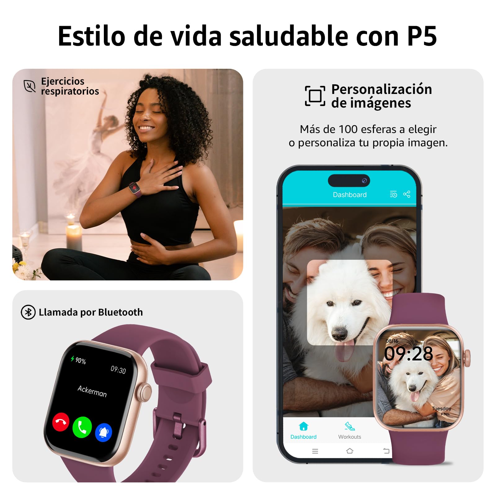 Reloj Inteligente Mujer Hombre, 1.85" Smartwatch con Llamadas Bluetooth, 140+ Modos Deportivos Smart Watch con SpO2/Pulsómetro/Monitor de Sueño/Podómetro, Impermeable IP68 Smart Watch Para Android iOS