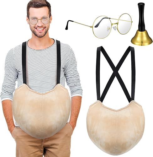 Juego de 3 piezas de disfraces de vientre de Papá Noel para Navidad, con relleno falso, lentes transparentes, campanas doradas para hombres