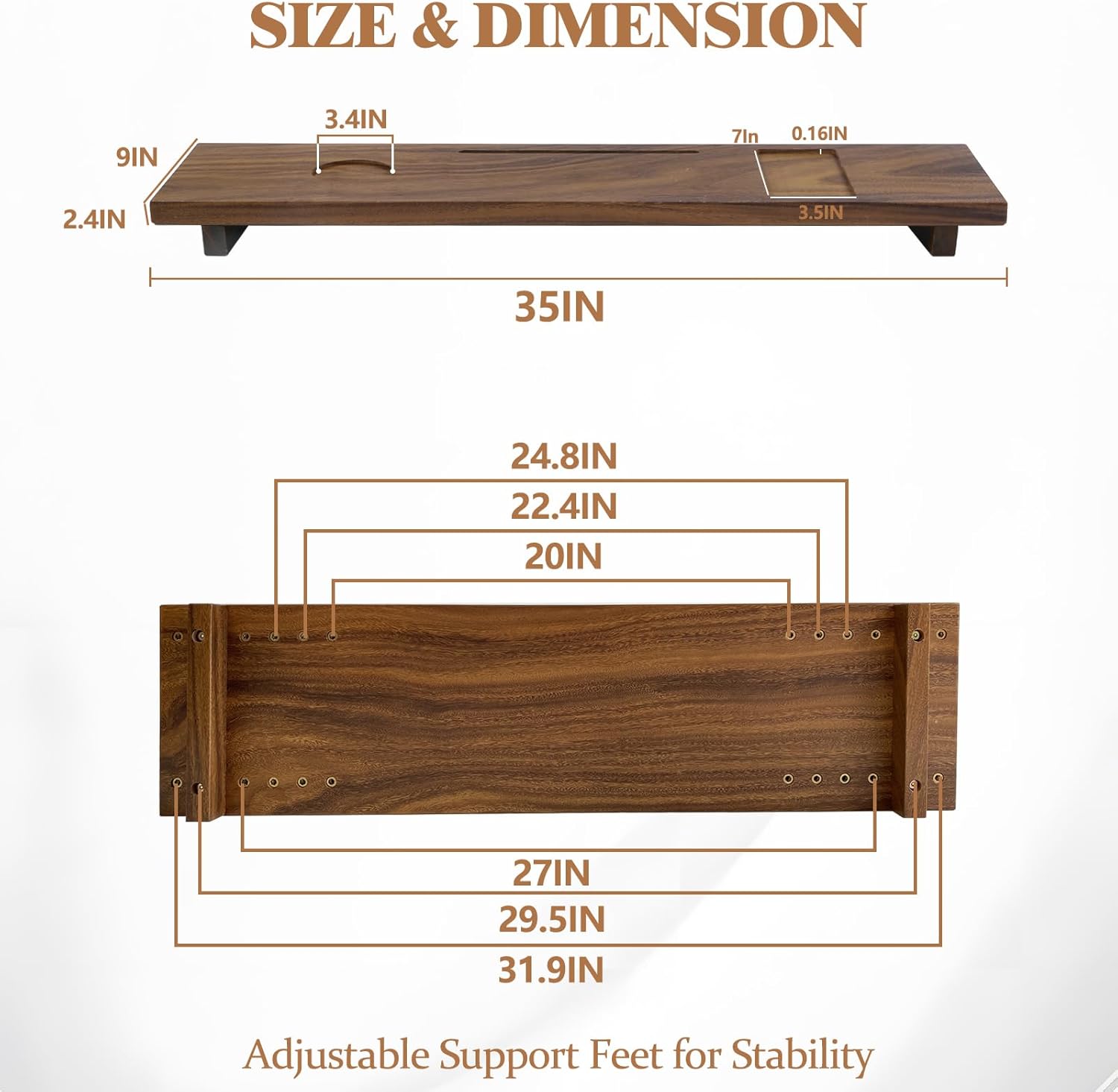 Solid Walnut Bathtub Tray, Bath Tray for Tub 35"x9"x2.5", Bath Tub Tray with 3 Adjustable Feet, Anti-Tipping Luxury Bathroom Accessories for Women/New Home/House Warming