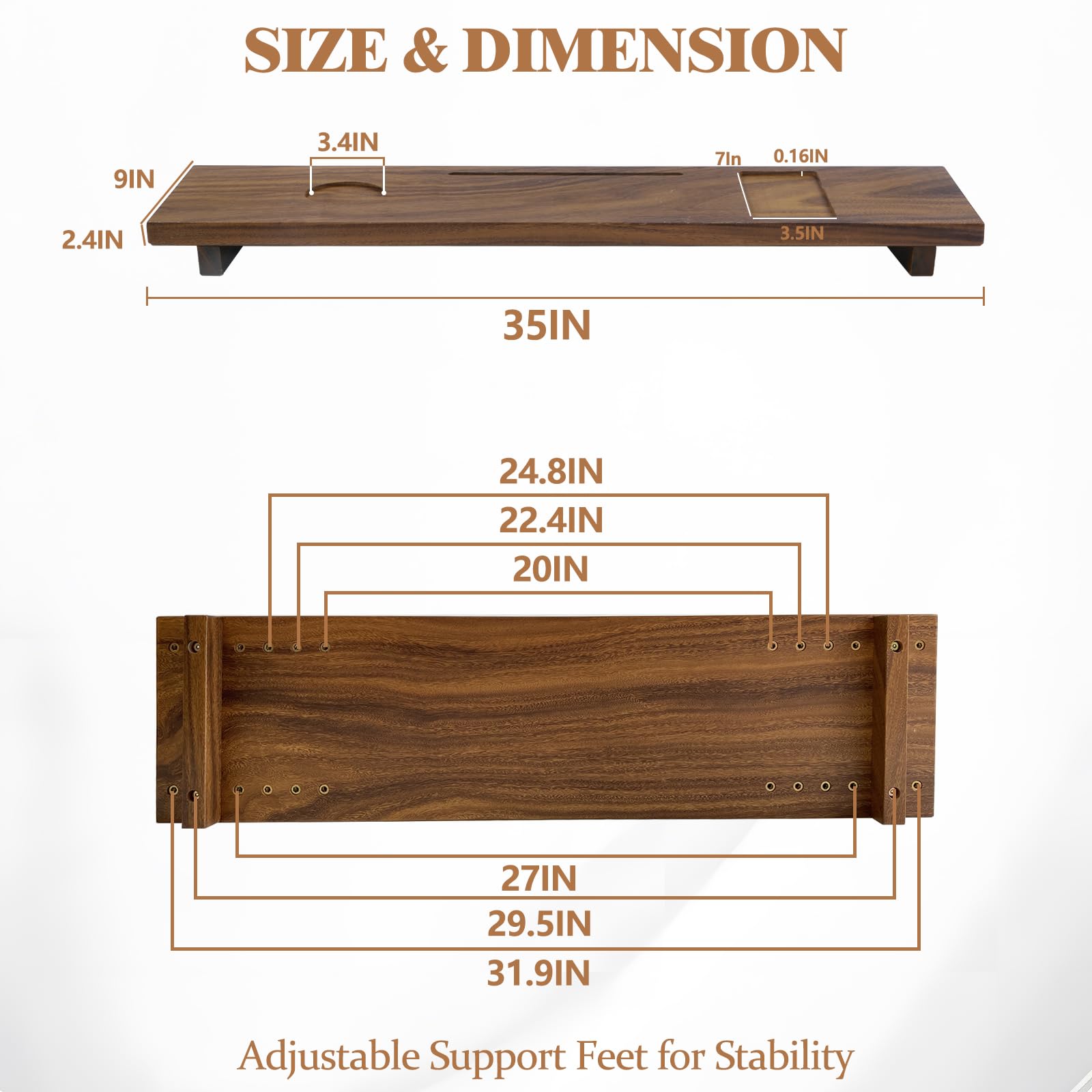 Plateau Bain Noyer Massif Graceware - 89x23cm Avec Supports Réglables