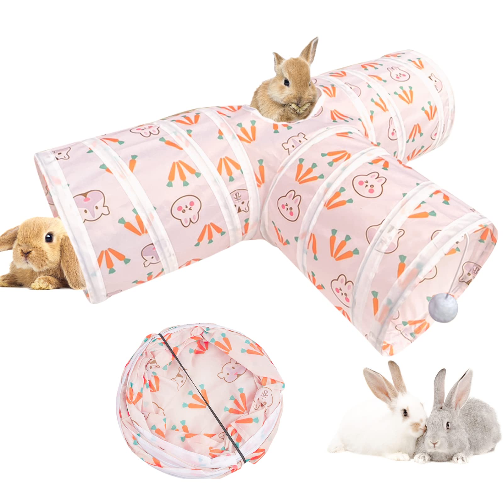 Bunny Tunnel 3 Way Collapsible Rabbit Tunnel Hideout Small Animal Activity Tube Toys for Dwarf Rabbit Bunny Guinea Pig Chinchilla Ferret and Kittens (Pink)