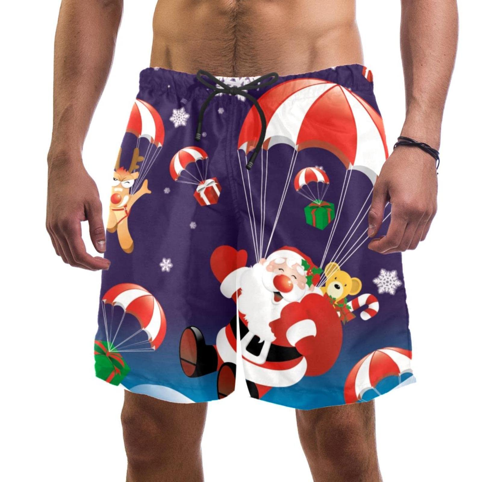 SOLJEOP Santa Parachute Swim Trunks Elastic Swimsuit Board Shorts Beach Shorts with Pockets for Men