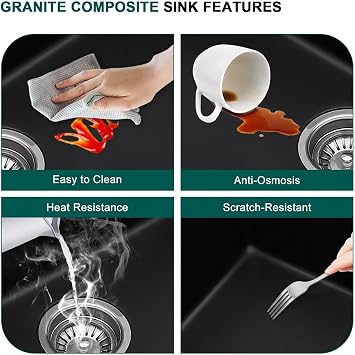 32x19 Inch Granite Composite Kitchen Sink - Matte Black Undermount Workstation Classic Quartz Under Counter Single Bowl All-In One Sinks for Kitchen #TLGU-132