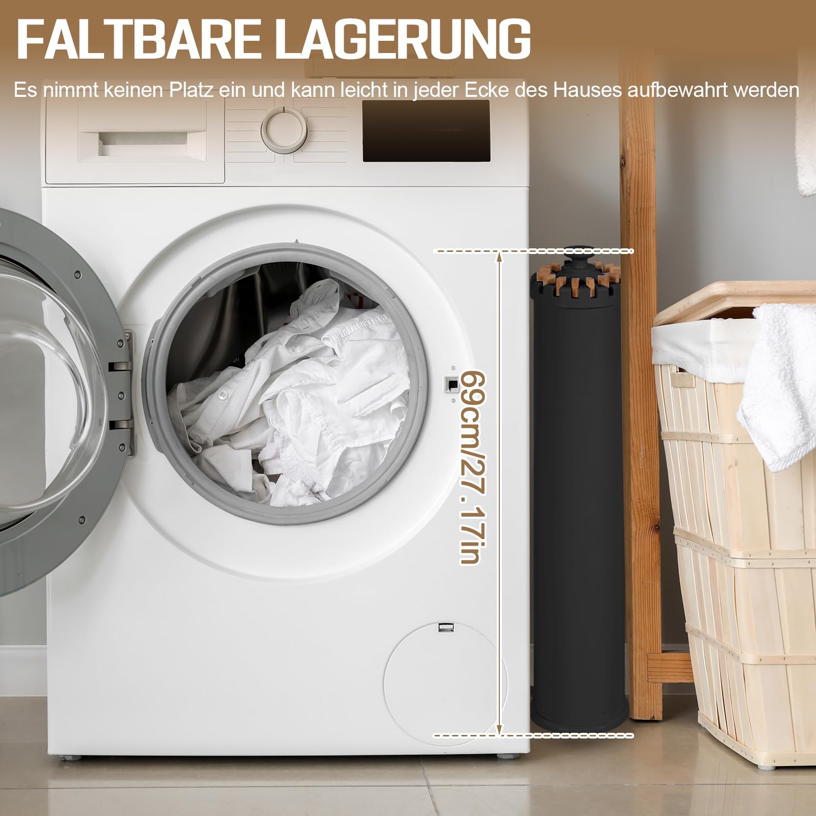 Séchoir à linge pliable peu encombrant avec 16 bras en bois et 48 emplacements suspendus, support de séchage moderne pieuvre, trépied portable pour balcon, intérieur, buanderie (noir)