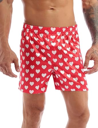 Mens Love Heart Print Boxer Briefs Shorts Silk Short Pants Underwear Pajamas Bottoms Beach Trunks