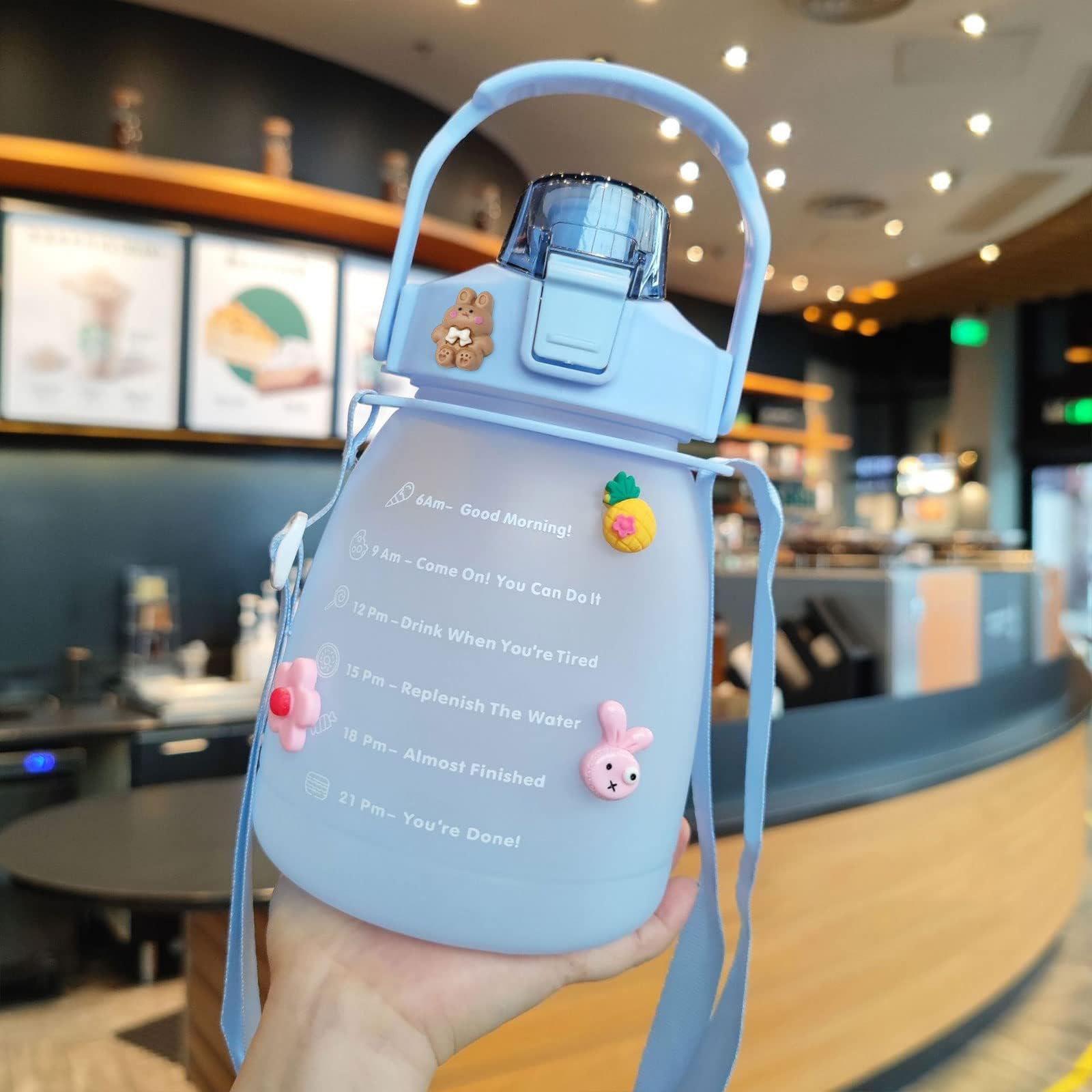Kawaii Water Bottle with Straw 1.3L Large Capacity Cute Water Bottle with 3D Kawaii Sticker and Time Marker Aesthetic Drinking Bottle for Girls School Outdoor Sports (Blue)
