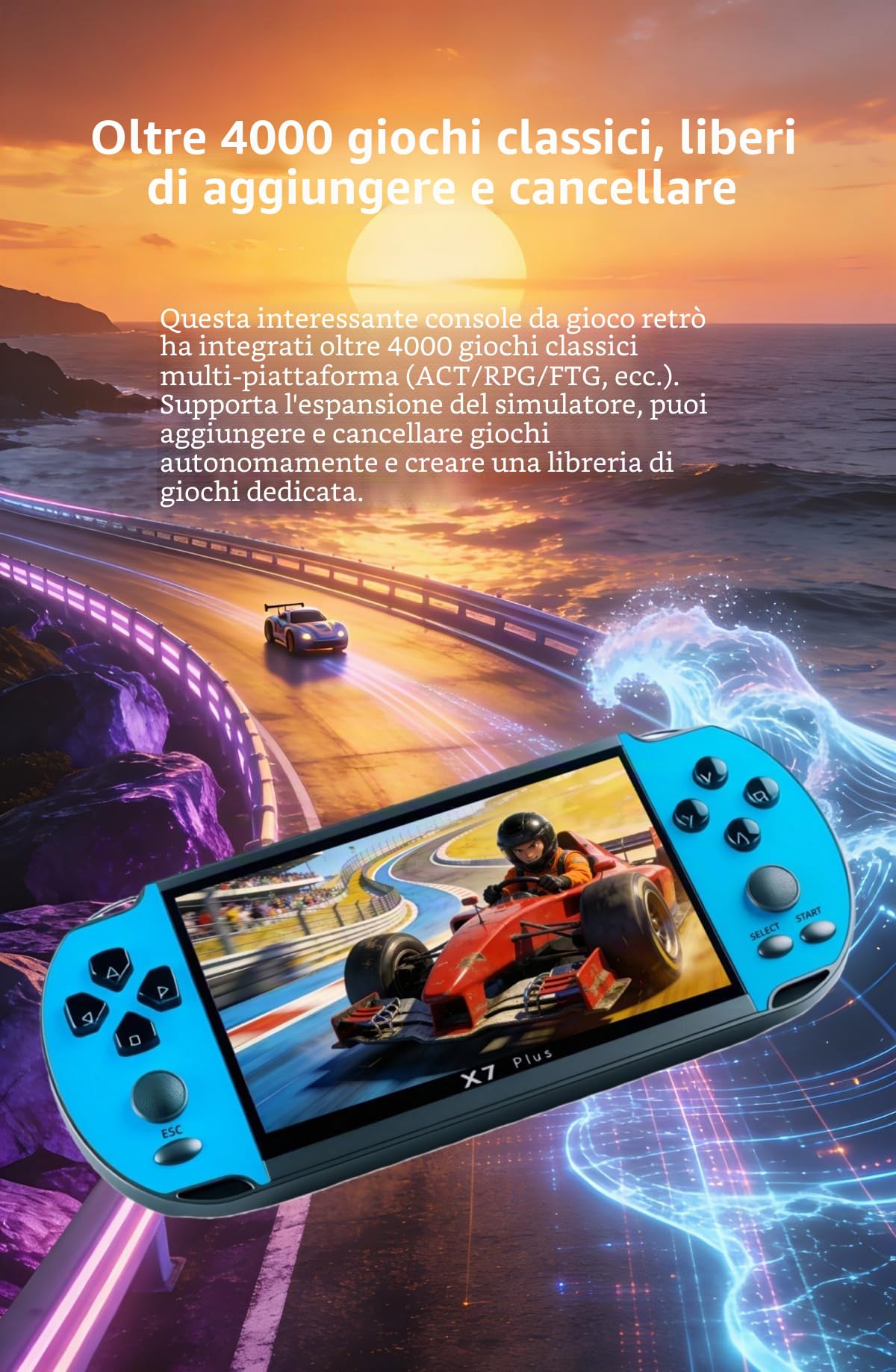 Console di gioco portatile LCD da 5,5" YHFITN, con giochi integrati, supporto per più emulatori, multimediale ricaricabile e connessione TV, giocattoli da viaggio, regali di compleanno