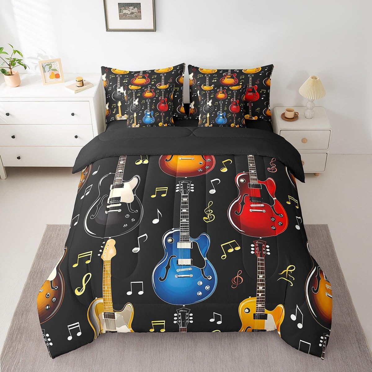 Castle Fairy 7 Pcs Music Theme Twin Comforter Set with Sheets Black White Piano Keyboard Bedding Sets for Kids Teens Adults Bedroom Dorm Decor All Season Lightweight Bed Set