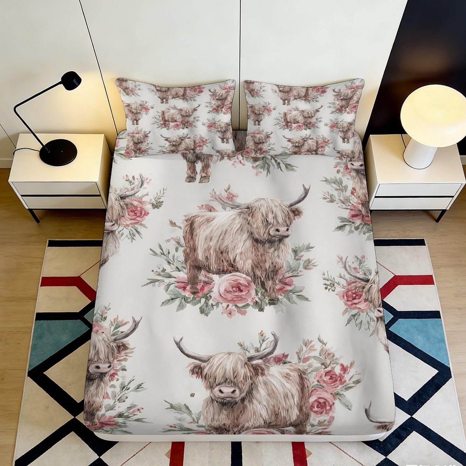 3D Printed Highland Cow Fitted Sheet Microfiber Floral Mattress Cover Anti-Slip Easy Care for Bedroom Dorm Decor 120x200cm 180x200x25cm