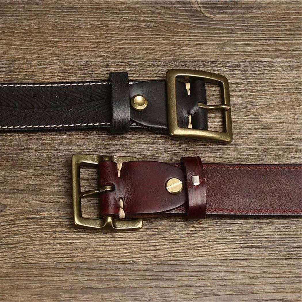 Men's Leather Belt - 3.8 cm Solid Cowhide with Carved Brass Buckle