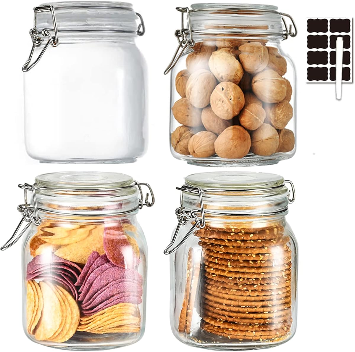 Tarros de vidrio de almacenamiento de alimentos de 32 oz con tapas herméticas de abrazadera, juego de 4 botes de vidrio herméticos cuadrados, contenedor de almacenamiento transparente para contenedores de cocina que almacenan azúcar, harina, cereales, café, especias...