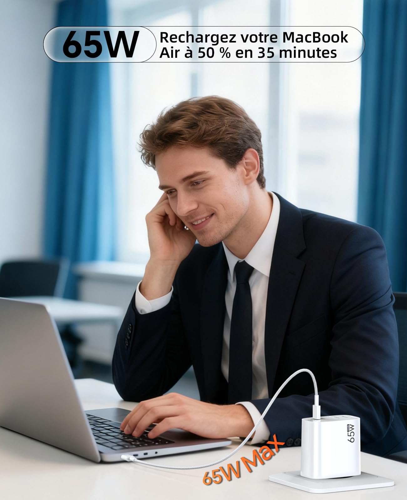 Chargeur USB C 65W 3-Ports GaN III Charge Rapide PD3.0 PPS, avec Câble Tressé 1.8M, Compatible avec MacBook Pro/Air/Neo, iPhone 17/16/15, iPad Pro, Samsung Galaxy S25/S24/S23 Ultra, Google Pixel 10/9