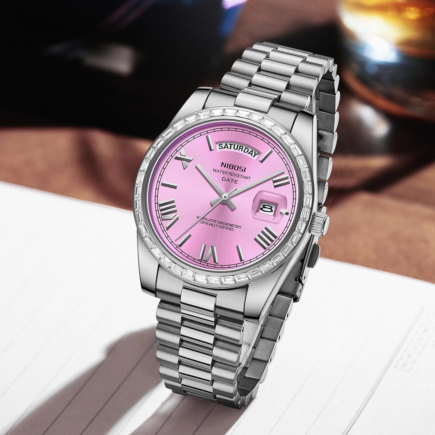 NIBOSI Men's Watches Analog Quartz Diamond Bezel Stainless Steel Dial Rose Gold Silver Watches for Men Waterproof Business Classic Dress Wrist Watch with Day Date - Image 7