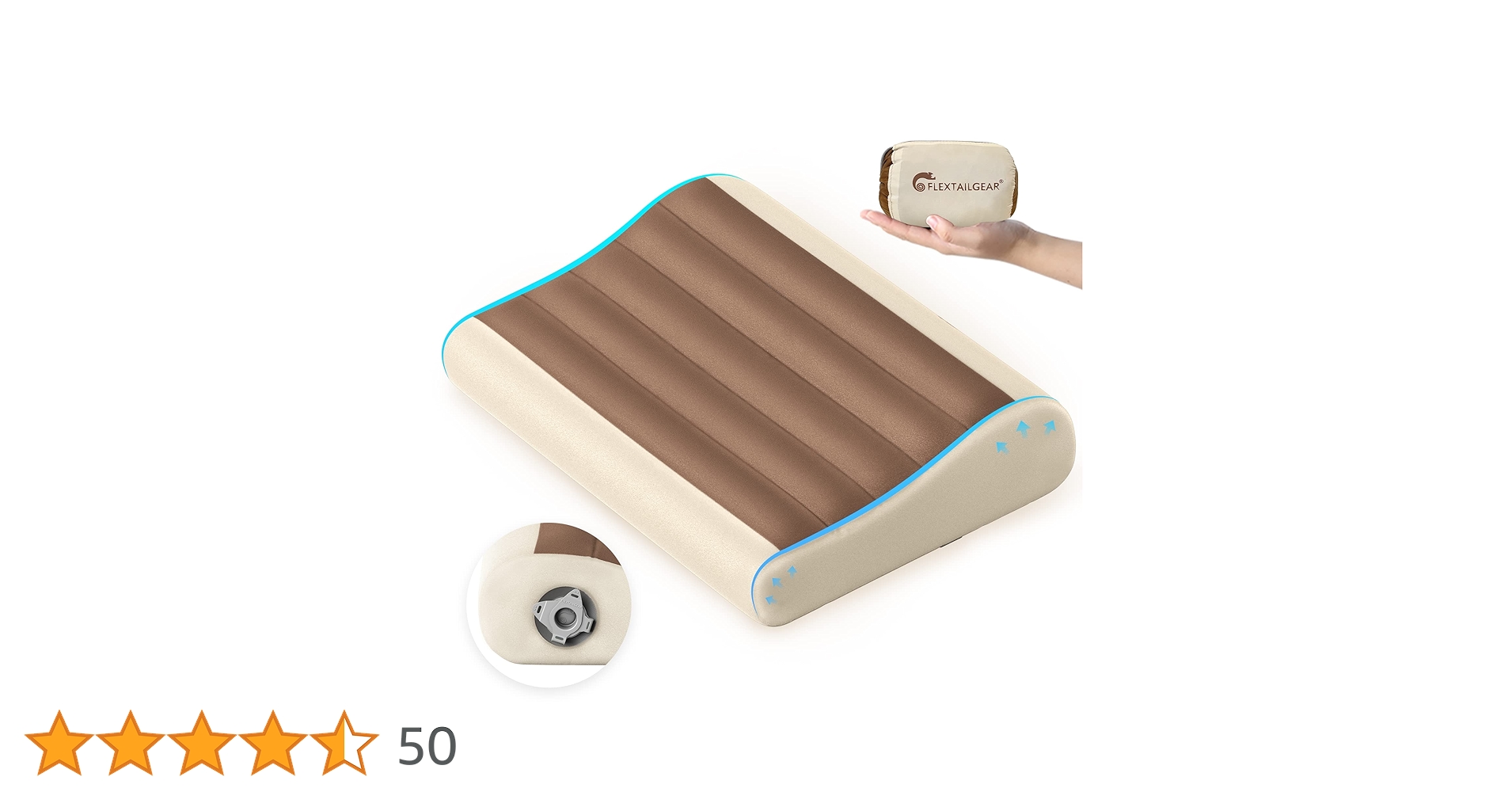 FLEXTAILGEAR Inflatable Camping Pillow With Neck Contour Ergonomic Travel Equipment With Removable Washable Separate TPU Cover For Camping Hiking Airplane Car Travel