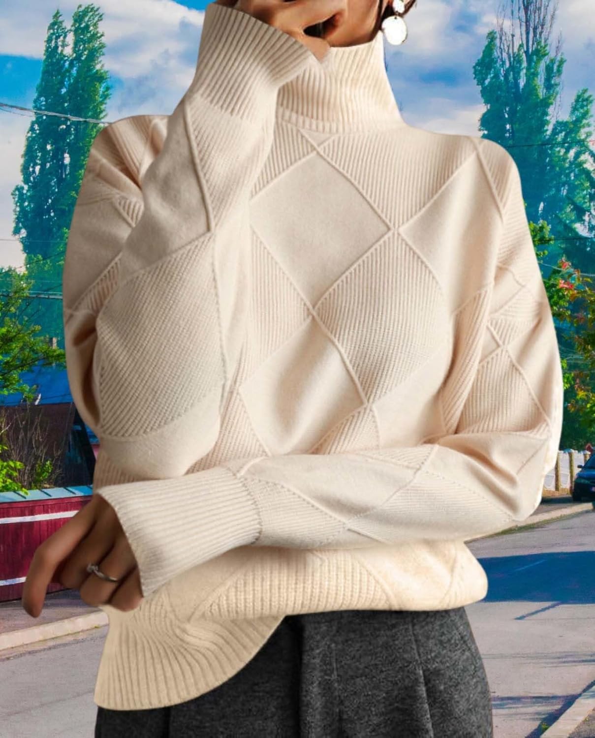 Womens Oversized High Neck Pullover Sweater Casual Fashion Long Sleeve Solid Color Crew Knit Sweater - Image 5